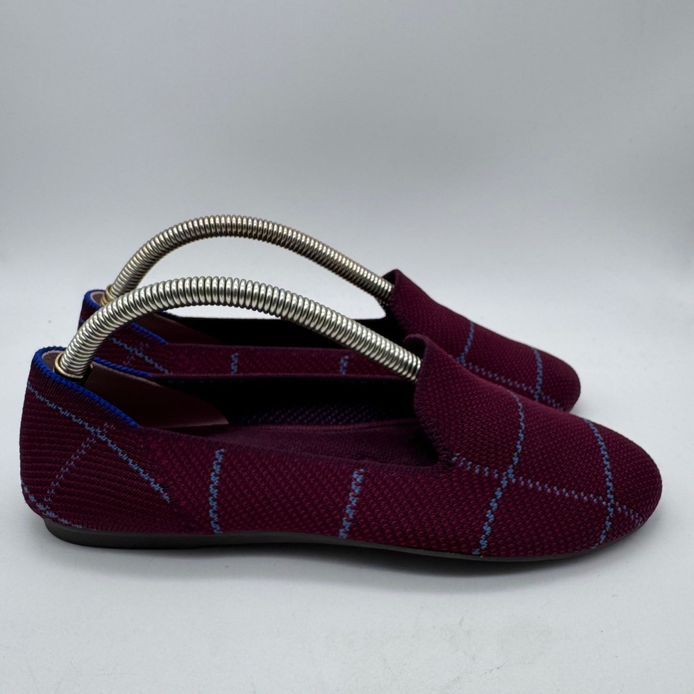 ROTHYS Plaid Loafers Women Size 6 Burgundy Blue Knit Comfort Flats Shoes